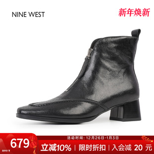 复古方头低跟时装 玖熙法式 靴粗跟短靴气质靴子 West 奥莱专供Nine