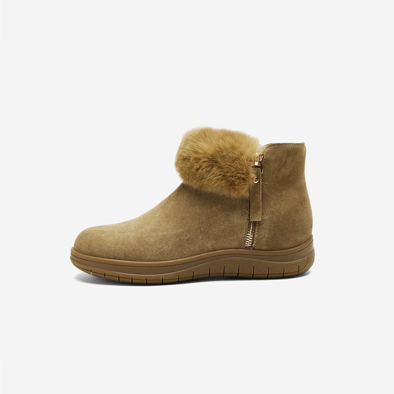 奥莱专供Nine West/玖熙厚底雪地靴女兔毛领加绒保暖短靴女通勤