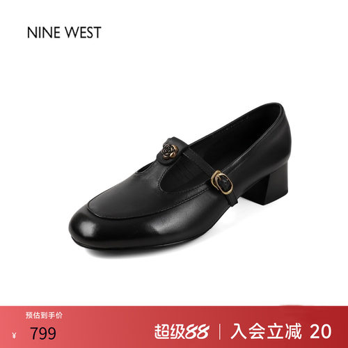 玖熙法式复古真皮粗跟玛丽珍鞋