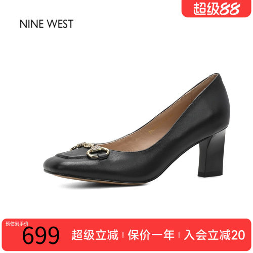 玖熙通勤真皮粗跟法式高跟单鞋