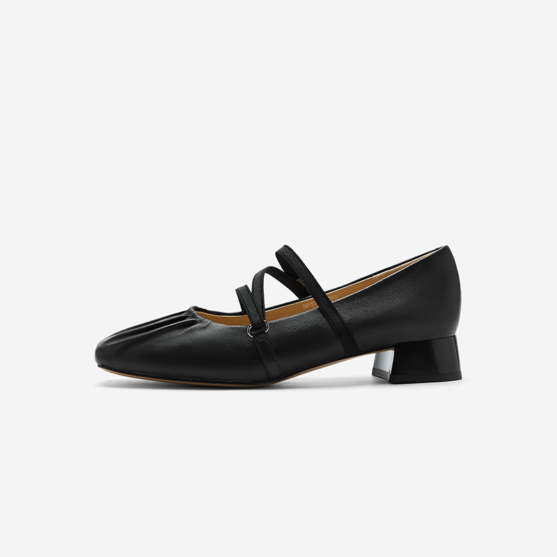 玖熙方头法式粗跟低跟单鞋女