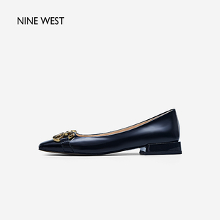 玖熙2024年春季 Nine West 低跟单鞋 女方头双9字扣漆皮通勤鞋 新款