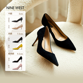 West 玖熙明星同款 高跟鞋 Nine 女尖头绒面通勤细跟单鞋 女一脚蹬