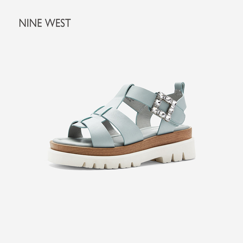 奥莱专供Nine West/玖熙罗马凉鞋女厚底魔术贴露趾时尚百搭女鞋子
