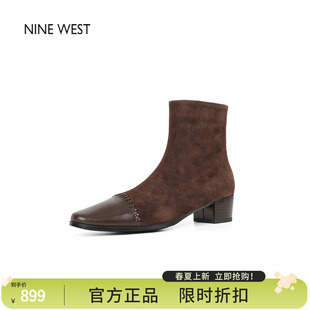奥莱专供Nine West/玖熙粗跟咖色切尔西女靴高跟鞋子短靴真皮靴子