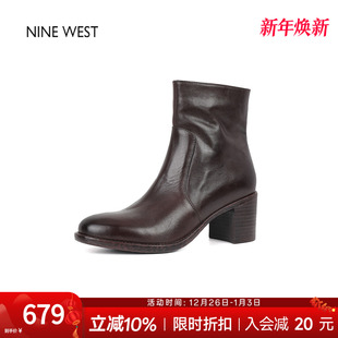 靴高跟短靴粗跟靴子女 玖熙英伦风复古圆头时装 奥莱专供Nine West
