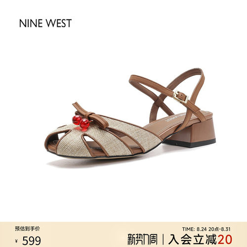奥莱专供Nine West/玖熙复古包头编织罗马凉鞋女通勤凉拖配裙子