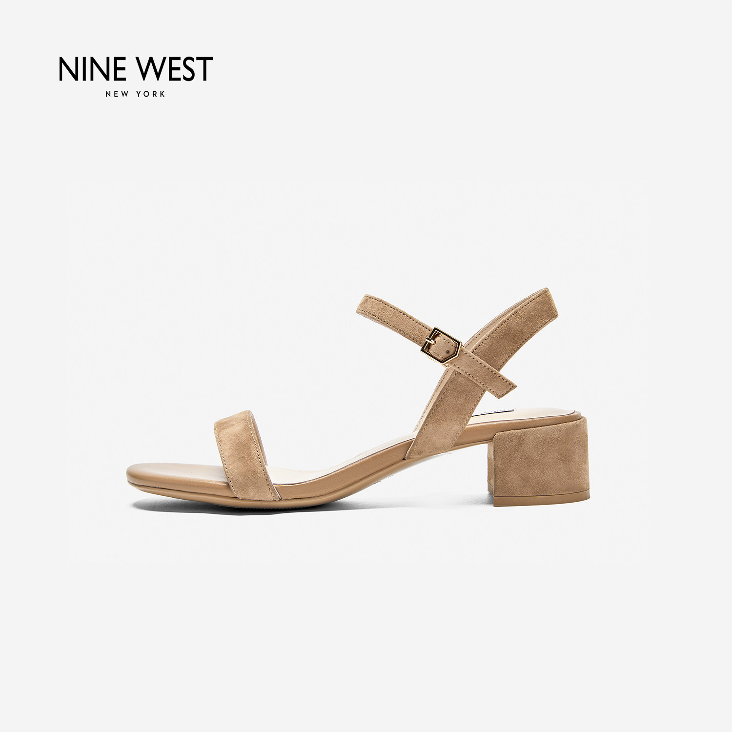 奥莱Nine West/玖熙2025年一字带凉鞋女圆头绒面粗跟中跟女鞋
