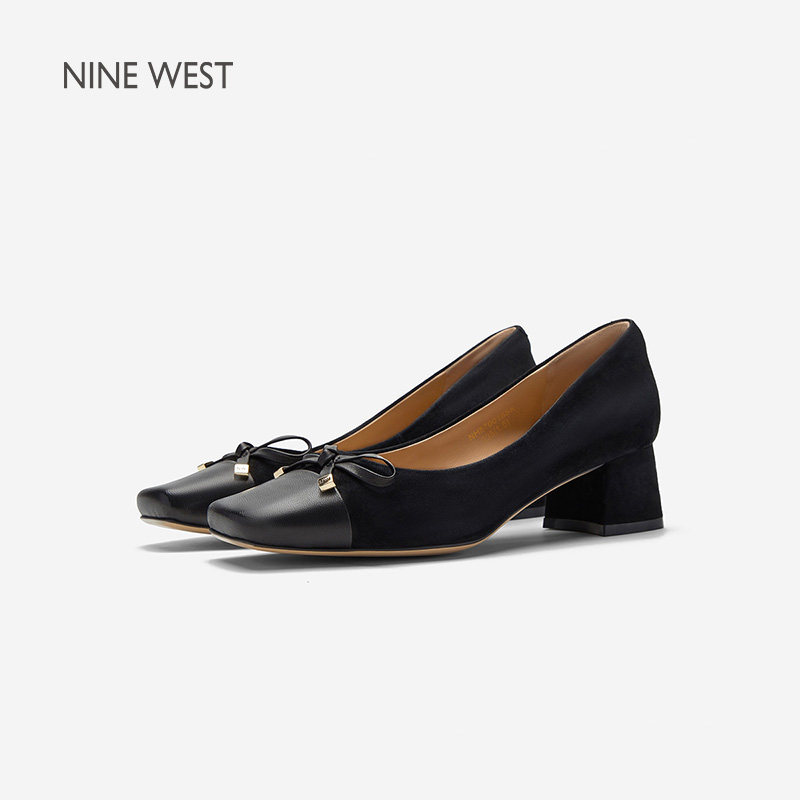 奥莱专供Nine West/玖熙2025年中跟单鞋女绒面方头蝴蝶结粗跟女鞋