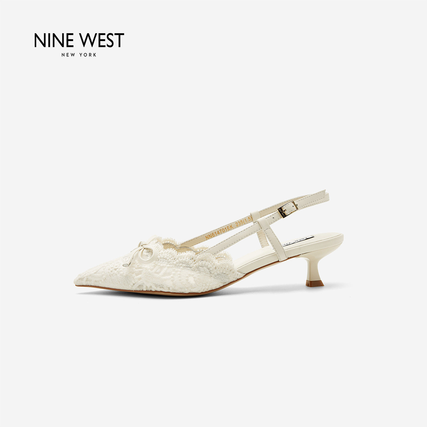 奥莱专供Nine West/玖熙蕾丝尖头凉鞋女中跟蝴蝶结一字扣猫跟女鞋