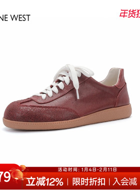 奥莱专供Nine West/玖熙复古红色德训鞋女真皮系带休闲鞋百搭女鞋