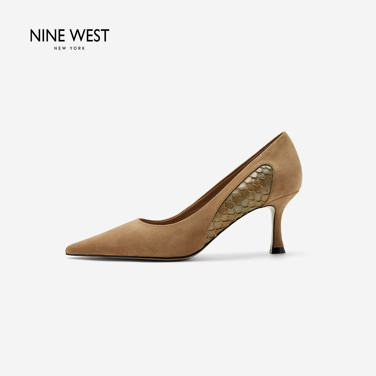 奥莱Nine West/玖熙2026年高跟鞋女尖头鱼皮拼接绒面猫跟单鞋