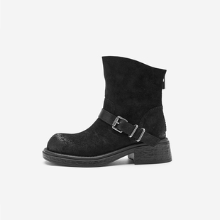 时装 玖熙2025冬季 靴女方扣方跟圆头街头短靴女 West 奥莱专供Nine