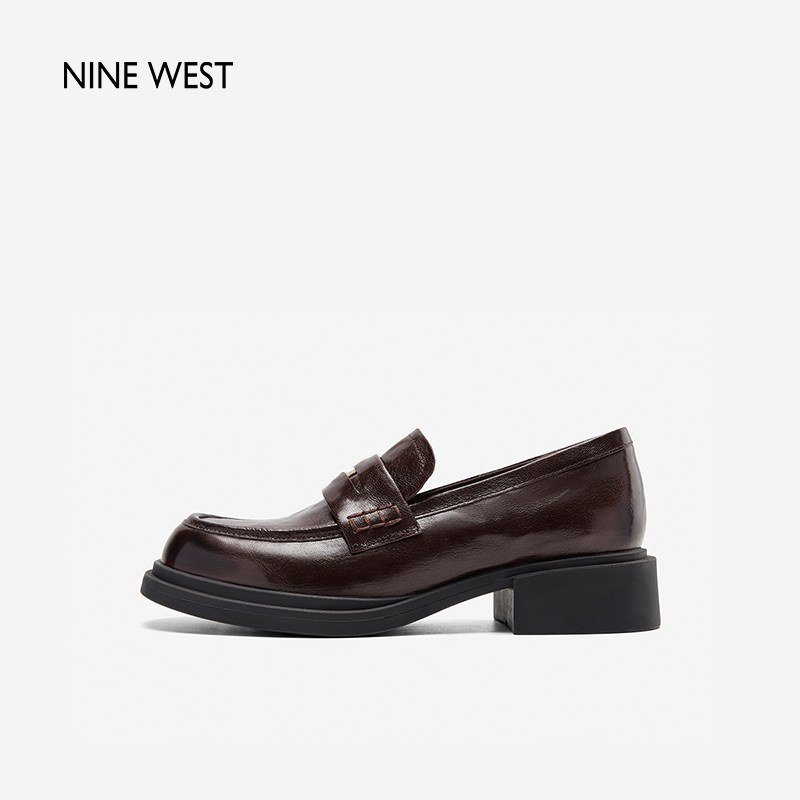 奥莱Nine West/玖熙乐福鞋女英伦风小皮鞋复古文艺中跟女鞋奥