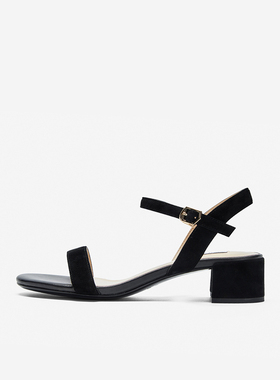 奥莱专供Nine West/玖熙2025年一字带凉鞋女圆头绒面粗跟中跟女鞋