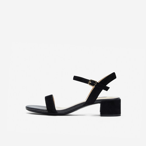 玖熙圆头绒面粗跟中跟一字带凉鞋