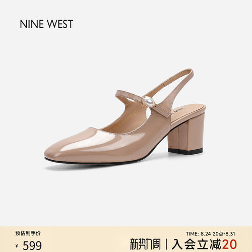 玖熙方头漆皮粗跟后空玛丽珍凉鞋