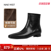 奥莱专供Nine 靴粗跟靴子冬加绒短靴女 复古方头时装 West 玖熙法式