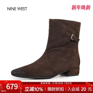 复古方头短筒西部靴粗跟短靴低跟靴子 玖熙法式 奥莱专供Nine West