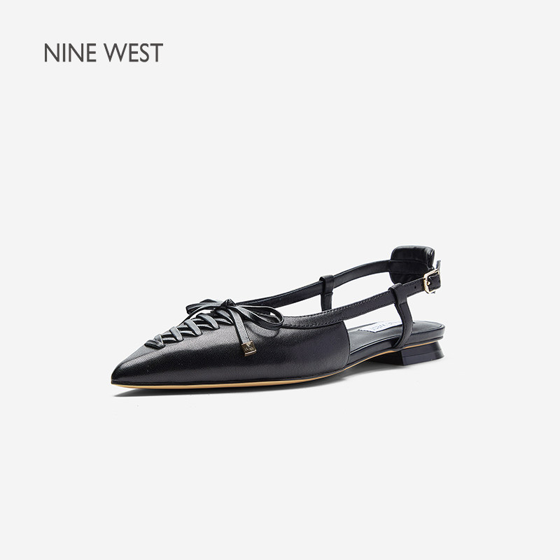 奥莱专供Nine West/玖熙尖头低跟凉鞋女蝴蝶结绑带后空芭蕾风单鞋