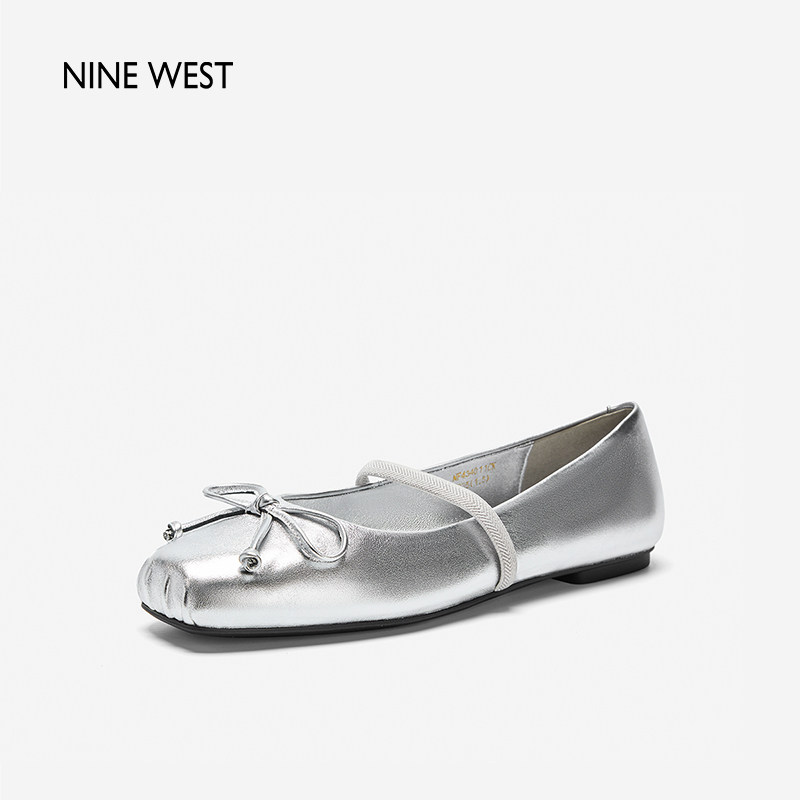 奥莱专供Nine West/玖熙真皮方头玛丽珍鞋女蝴蝶结平底芭蕾舞鞋