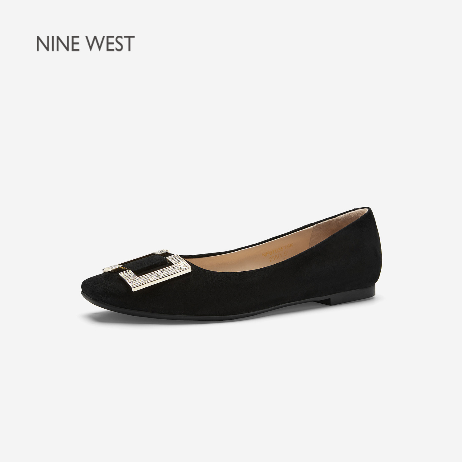 Nine West/玖熙通勤风方扣水钻浅口单鞋女绒面低跟百搭女鞋一脚蹬