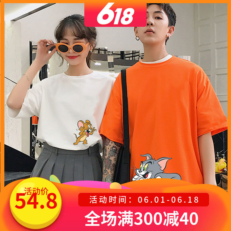 匡威猫和老鼠联名款T恤女 汤姆和杰瑞情侣装短袖男宽松大码上衣潮