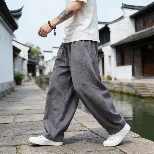 新中式垂感透气直筒长裤子
