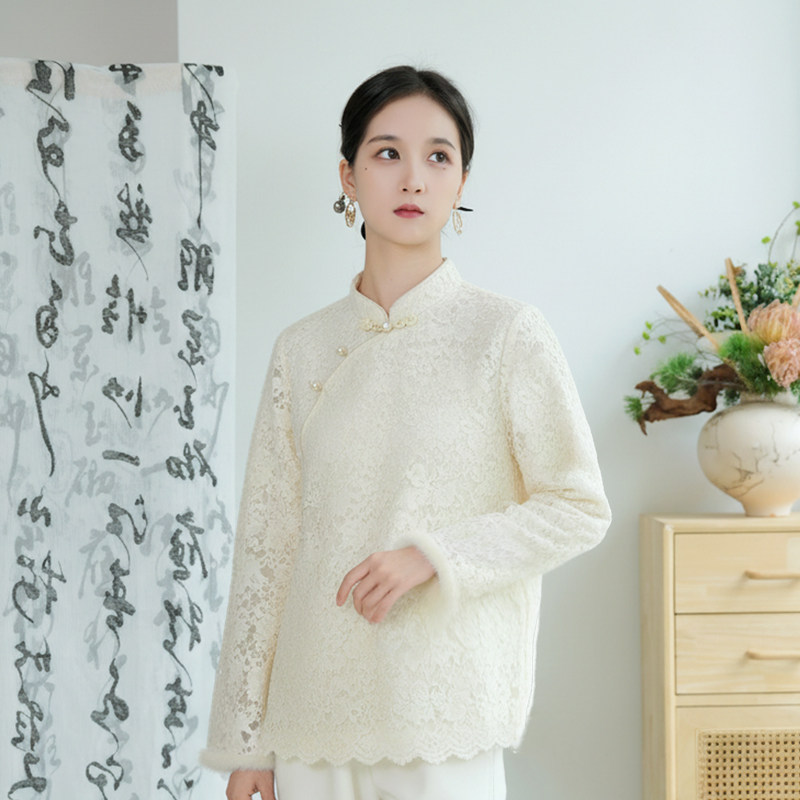 依山锦国风蕾丝羊毛内搭打底小衫衬衣上衣新中式女士冬季花边加厚