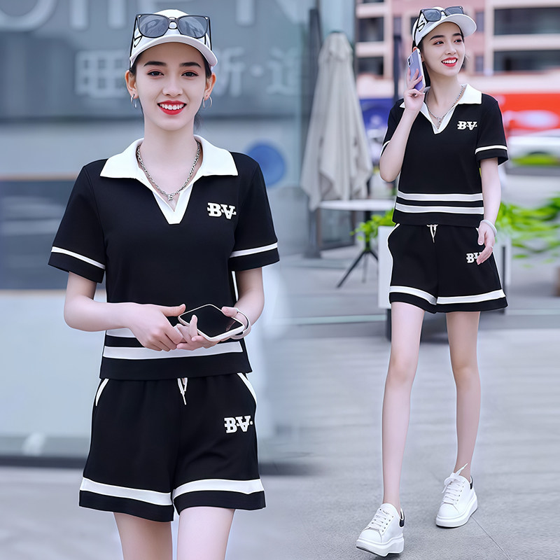 黑白撞色运动服休闲套装女2026夏季新款POLO领短袖T恤短裤两件套