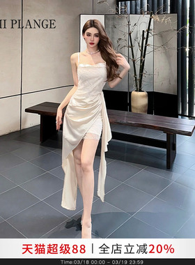 MIMI PLANGE法式重工短裙水钻串珠褶皱缎面吊带连衣裙女