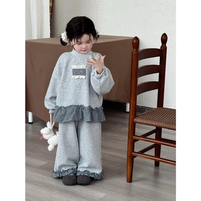 女童套装2025秋冬季新款韩版花边格子拼接卫衣卫裤两件套加绒加厚