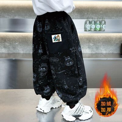 男童加绒拉布布裤子儿童一体绒卫裤秋冬季宝宝加厚冬装休闲束脚裤