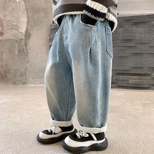 炸街2024新款 新款 儿童渐变长裤 一体绒加厚冬装 子 男童牛仔裤 裤 春装