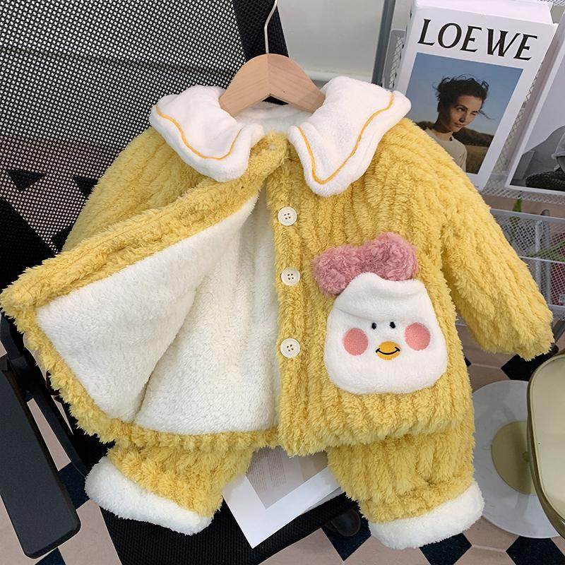 女童睡衣冬季加厚款保暖儿童三层夹棉珊瑚绒宝宝法兰绒家居服套装