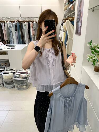 Eter 夏韩系温柔紫色质感木耳边无袖抽绳领女宽松显瘦上衣娃娃衫