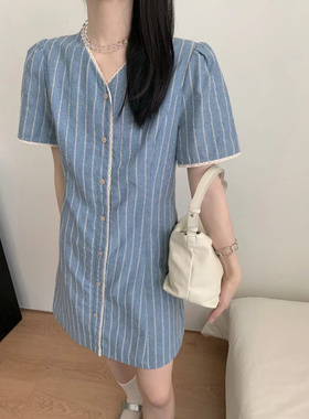 Eter 24韩夏季V领竖条纹拼接蕾丝花边女裙子遮肚子显瘦复古连衣裙