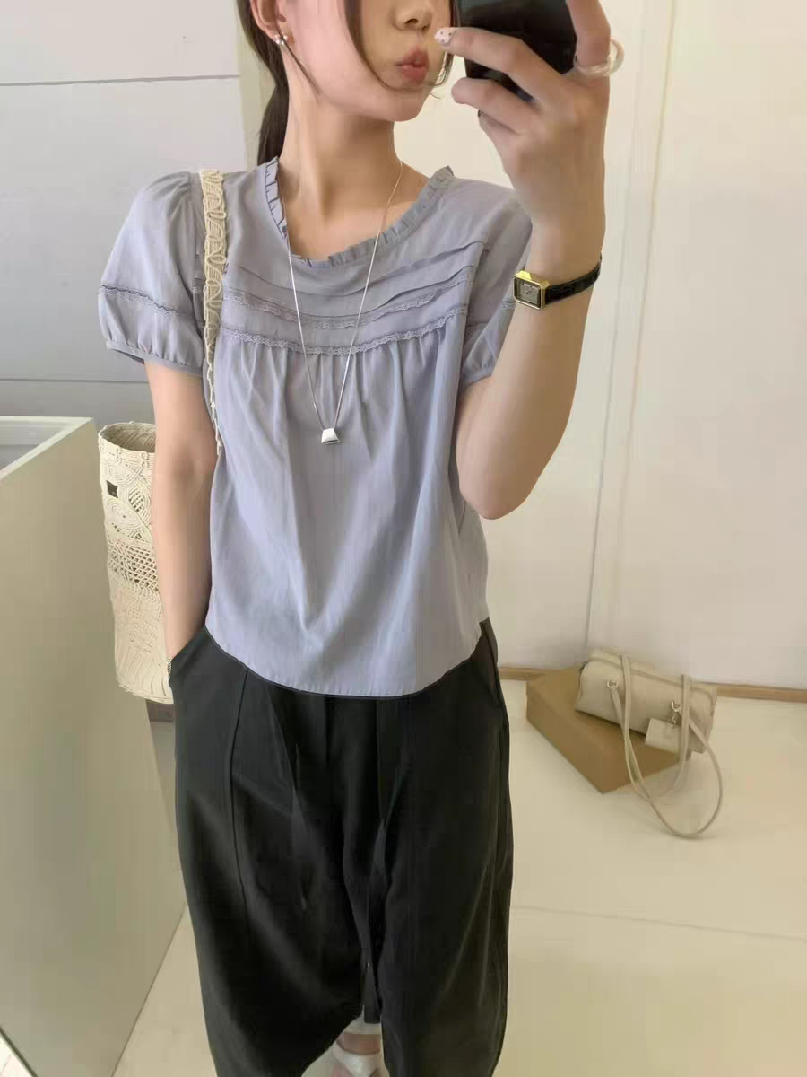 Eter 夏新韩系甜美蕾丝花边短袖衬衣显瘦背后扣圆领娃娃衫上衣女