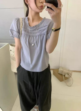 Eter 夏新韩系甜美蕾丝花边短袖衬衣显瘦背后扣圆领娃娃衫上衣女