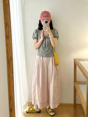 Eter 夏韩系甜美蝴蝶结泡泡袖短袖女设计感宽松显瘦八分工装裤