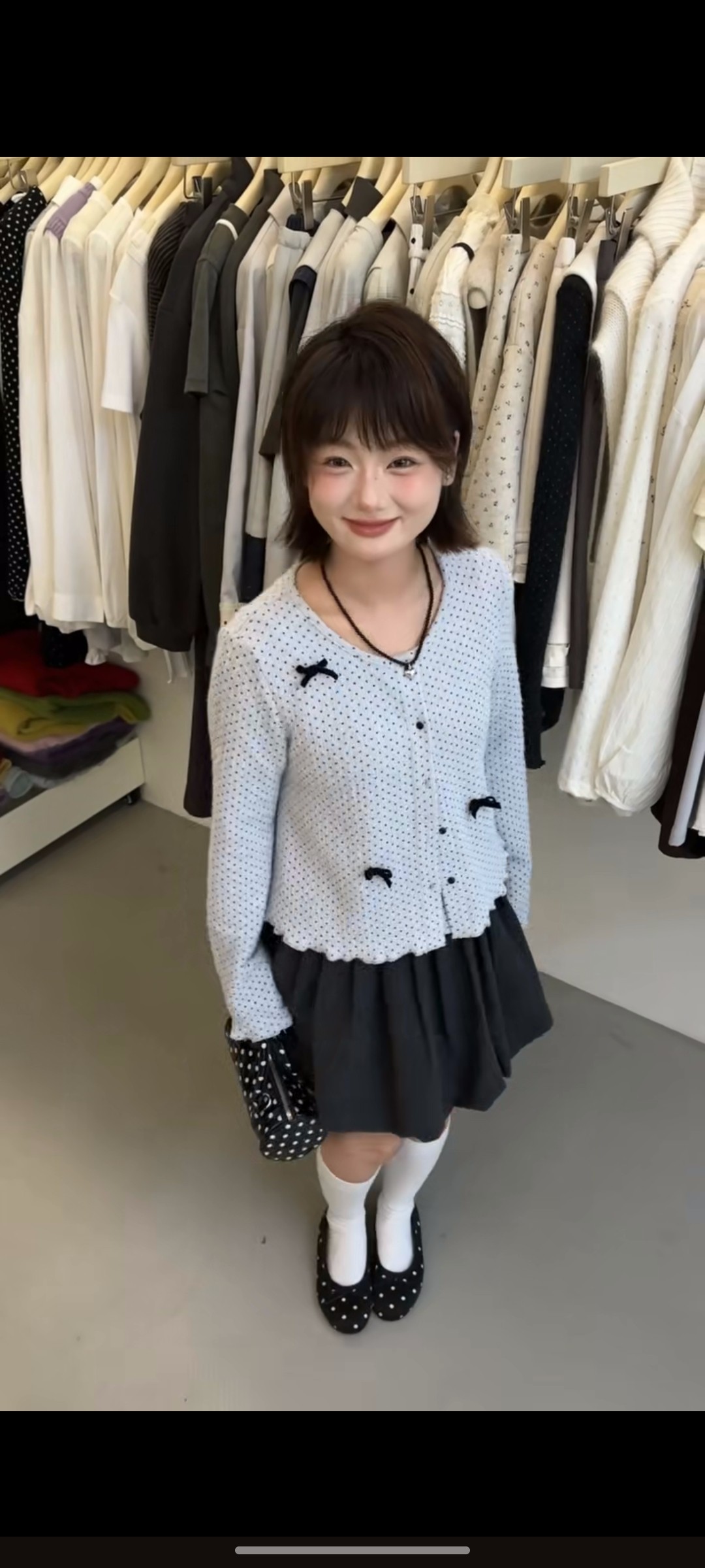 Eter 26韩系甜美假两件波点蝴蝶结针织开衫女设计感小众显瘦百搭图片