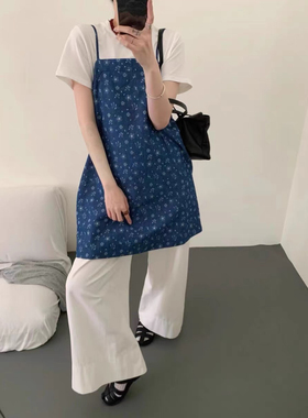 Eter 24韩夏季新款ins潮碎花个性小众减龄气质百搭吊带牛仔连衣裙