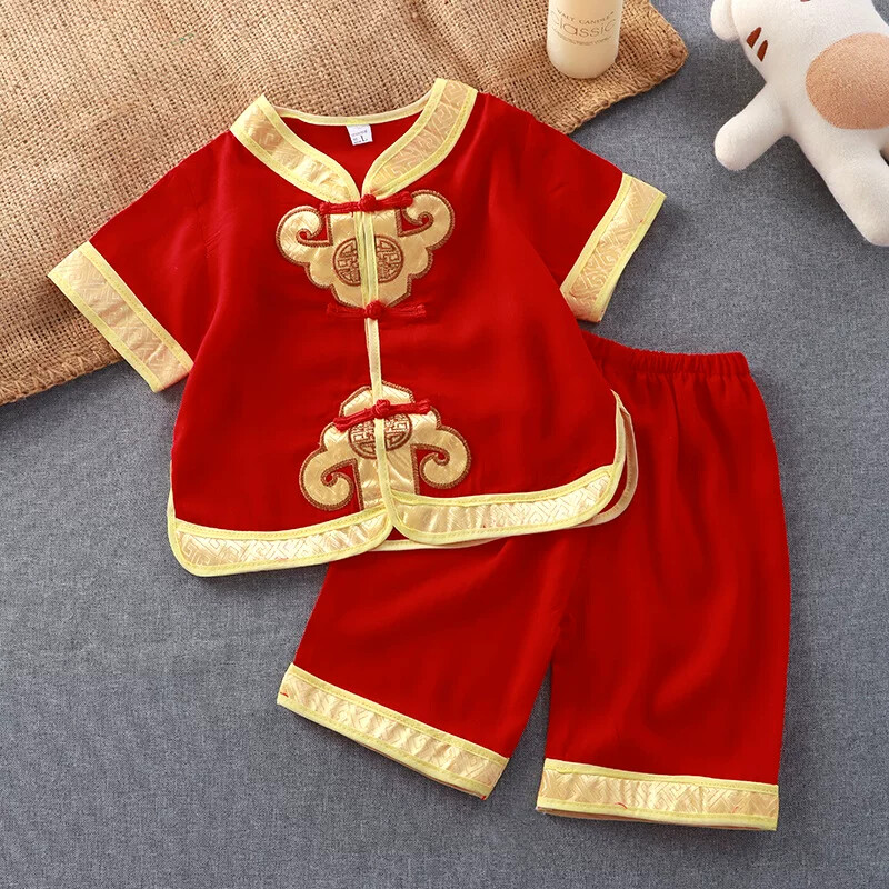 一周岁抓周礼服夏季款百天婴儿红色婴儿连身服两件式套装抓阄唐装
