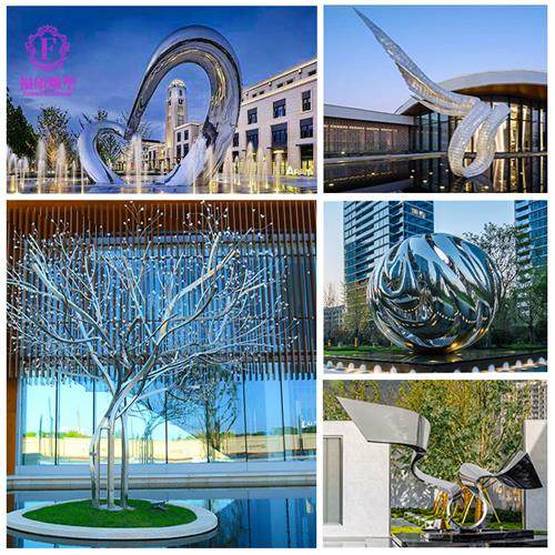 镜面不锈钢雕塑定制厂家大型园林异形金属圆环贝壳翅膀科技感水景