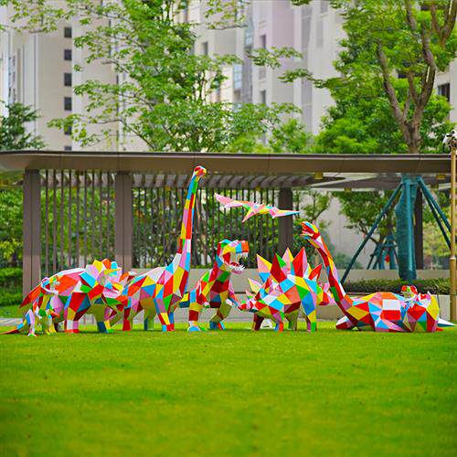 户外大型仿真恐龙雕塑模型玻璃钢霸王龙楼几何块面龙景区装饰摆件