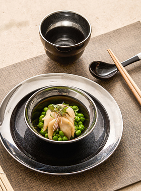 速发优格乌金釉装银餐具碗个人专用碗盘套镀家用陶瓷饭具碗摆台四