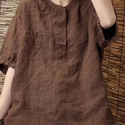 速发复古纯色立棉领麻码宽松大夏遮肚套头衬衣亚麻上衣