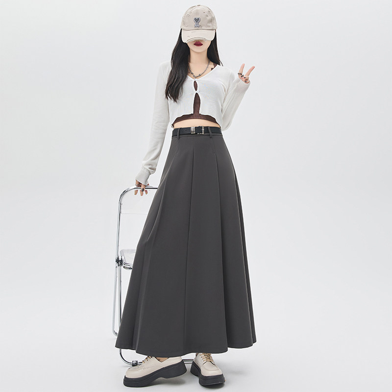 速发灰色裙半身褶春秋款2024高款新腰垂坠感a字中长款百裙裙子