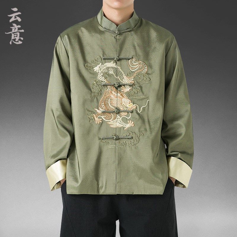速发中国风复古龙纹刺绣唐装外男汉盘扣古装套服新中式青年中山装