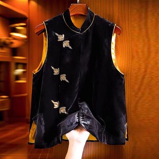 速发真丝丝绒新中式上衣马甲高端心国风领立黑色背中外套秋冬